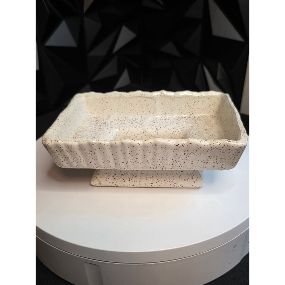 Vintage Speckled Ceramic Rectangular Planter Ribbed Scalloped Edge Cream Brown